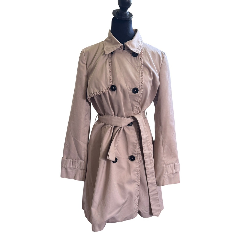 H&M Trench Coat Women 6 Beige Ruffle Double Breasted Belted Classic Preppy Chic
